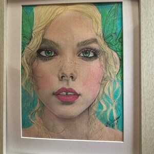 Framed Portrait Art with Green and Pink Accents